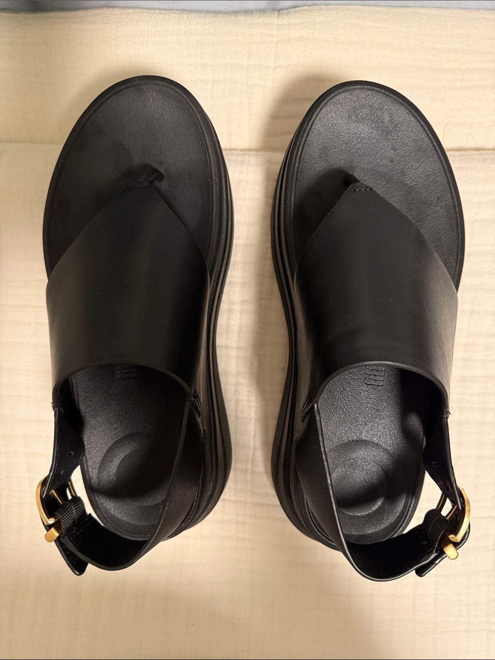 Fitflop Women’s Black Leather Thong Slingback Sandals with Gold Buckle